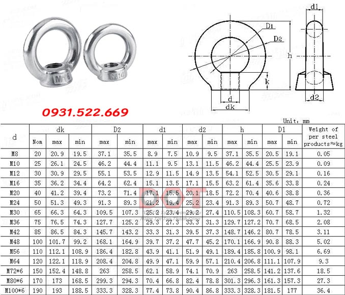 thông số móc cẩu DIN 582
